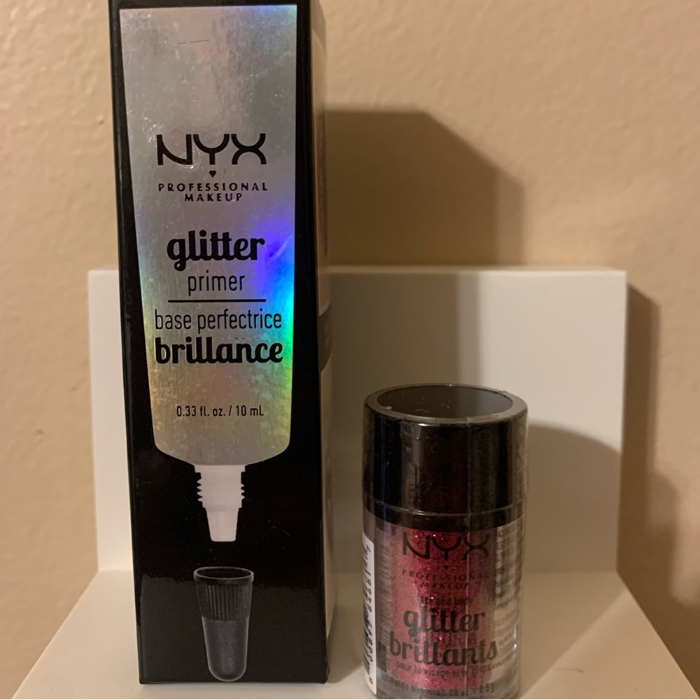 NYX glitter primer and red glitter